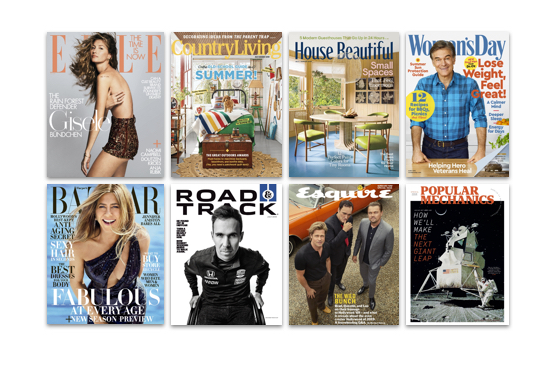 Elle, Country Living, House Beautiful, Woman's Day, Harper's Bazaar, Road & Track, Esquire, Popular Mechanics