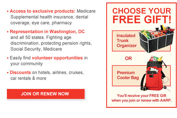 Access to exclusive products: Medicare Supplemental health insurance, dental coverage, eye care, pharmacy. Representation in Washington, DC and all 50 states. Fighting age discrimination, protecting pension rights, Social Security, Medicare. Easily find volunteer opportunities in your community. Discounts on hotels, airlines, cruises, car rentals & more. CHOOSE YOUR FREE GIFT! Insulated Trunk Organizer OR Premium Cooler Bag You'll receive your FREE Gift when you join or renew with AARP.